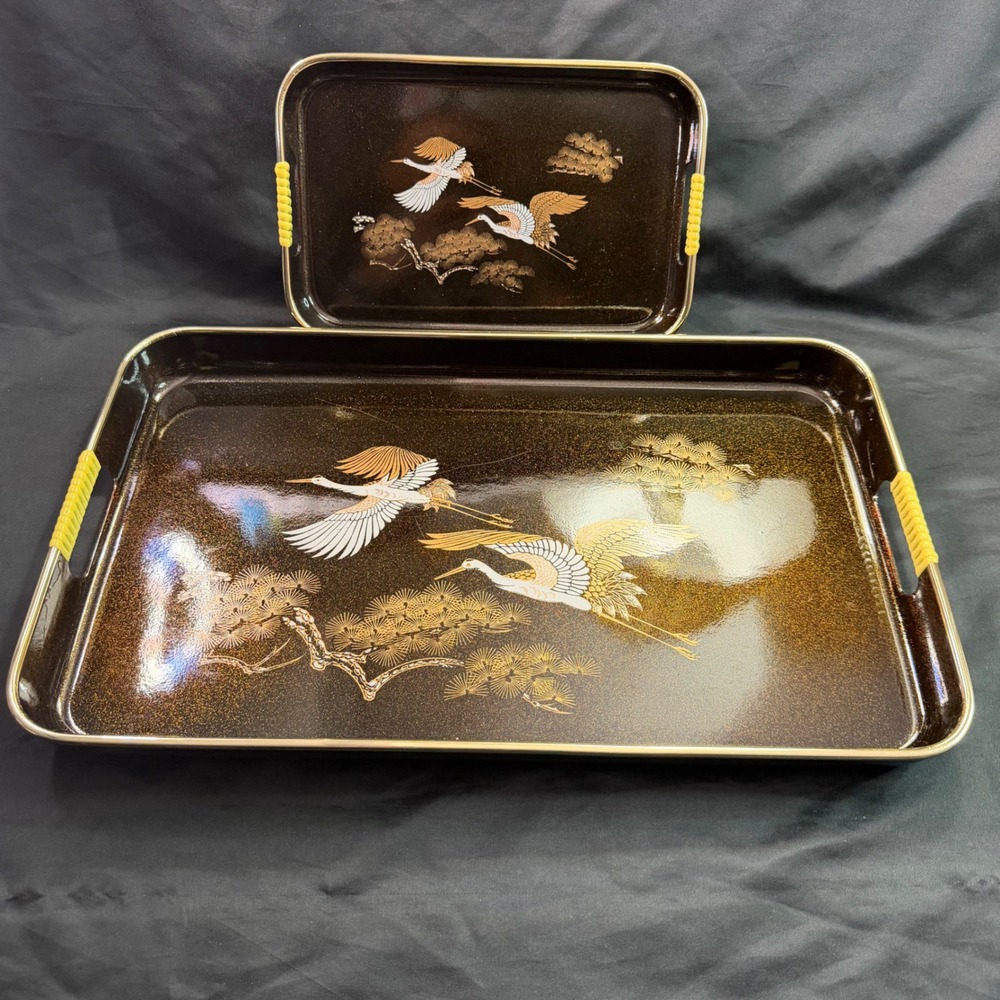 MCM Vintage Japanese Lacquer Ware Nesting Tray Pair - Flying Cranes